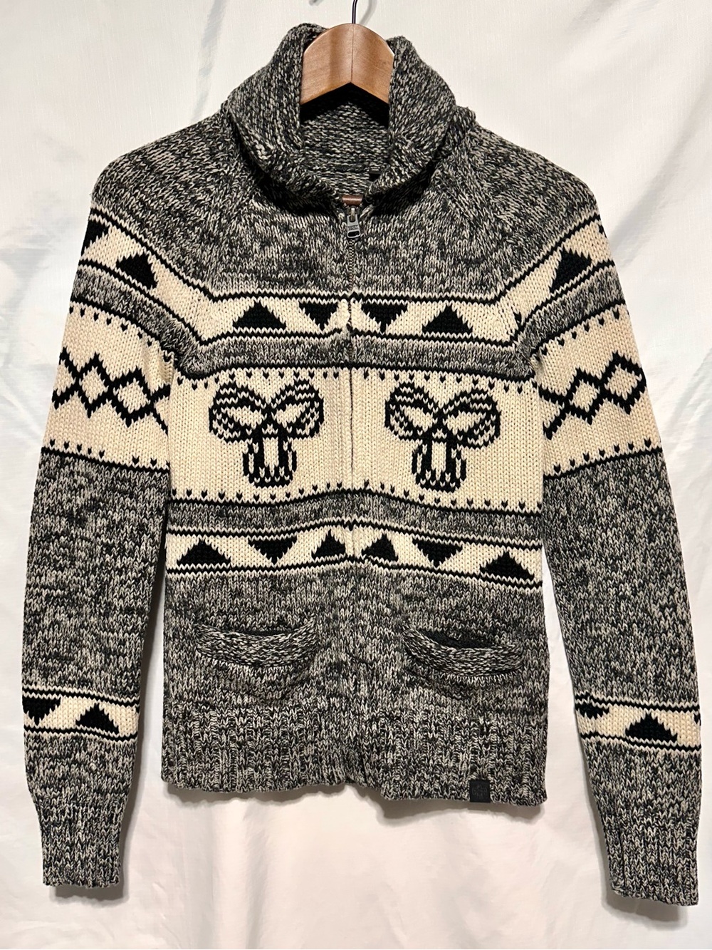 TNA Sea to Sky 100% Lambswool Nordic Full Zip Sweater Shawl Collar XS